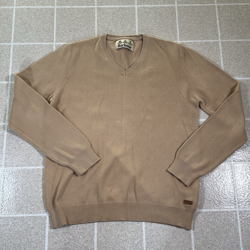 Barbour Pima Cotton V Neck Jumper Large L Tan Knit Sweater Logo Long Sleeve